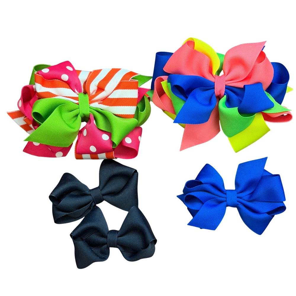 Girls Grosgrain Ribbon Hair Bow Bundle Neon Navy Blue Summer Whimiscal Stackable